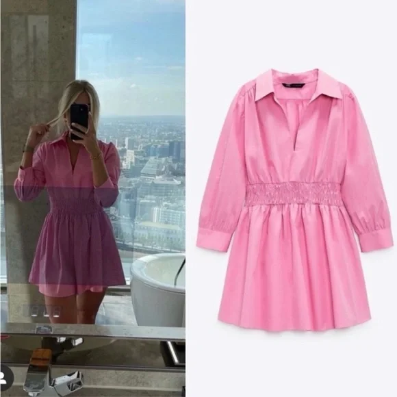 Zara collard v neck pink mini dress — smocked waist long sleeves skater dress - Picture 13 of 15